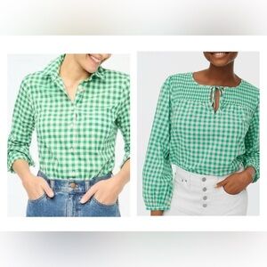 J. Crew Green Gingham Women's Top XXS Tie Neck Smocked Cotton Woven Casual Chic